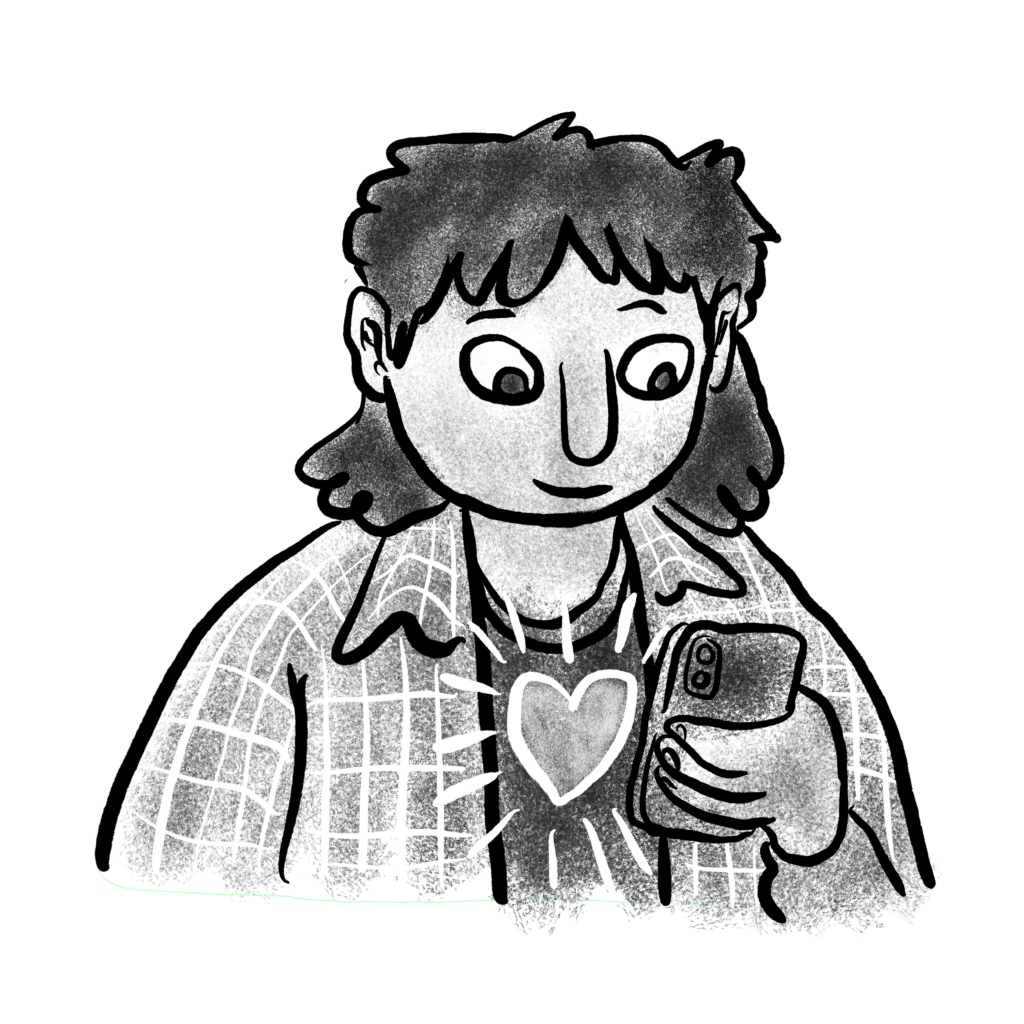Black and white cartoon of young non-binary person looking at the smartphone in their hand with a love heart on their shirt